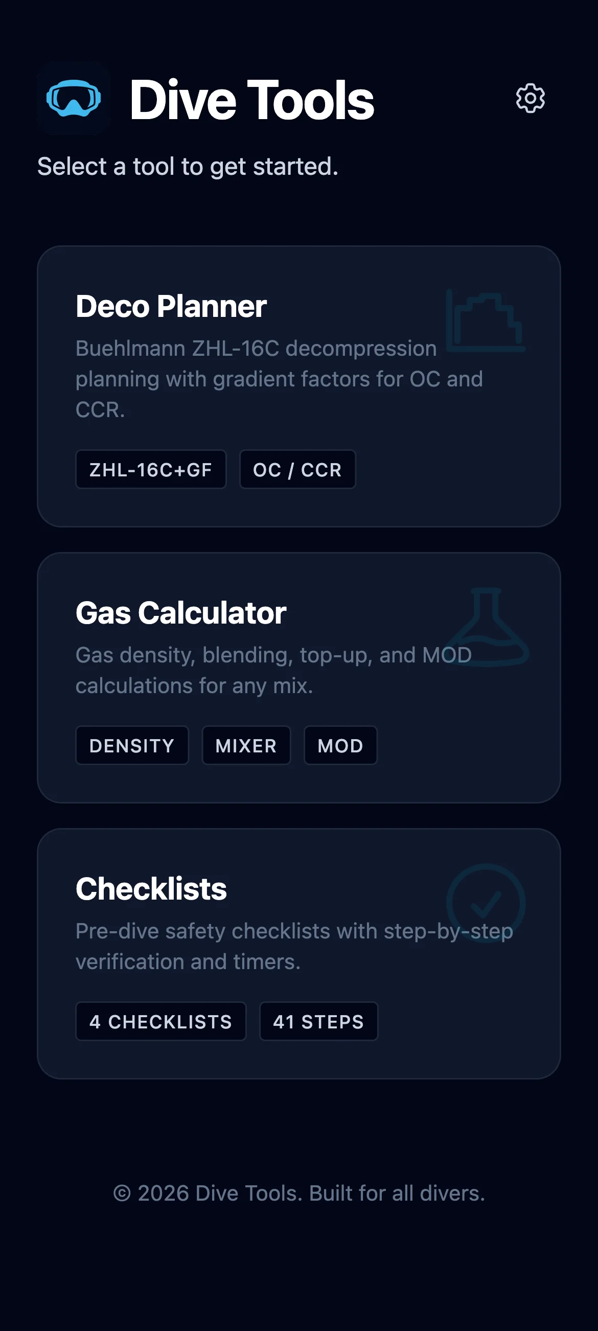 Home screen with three module cards (Deco Planner, Gas Calculator, Checklists) and a gear icon in the top-right