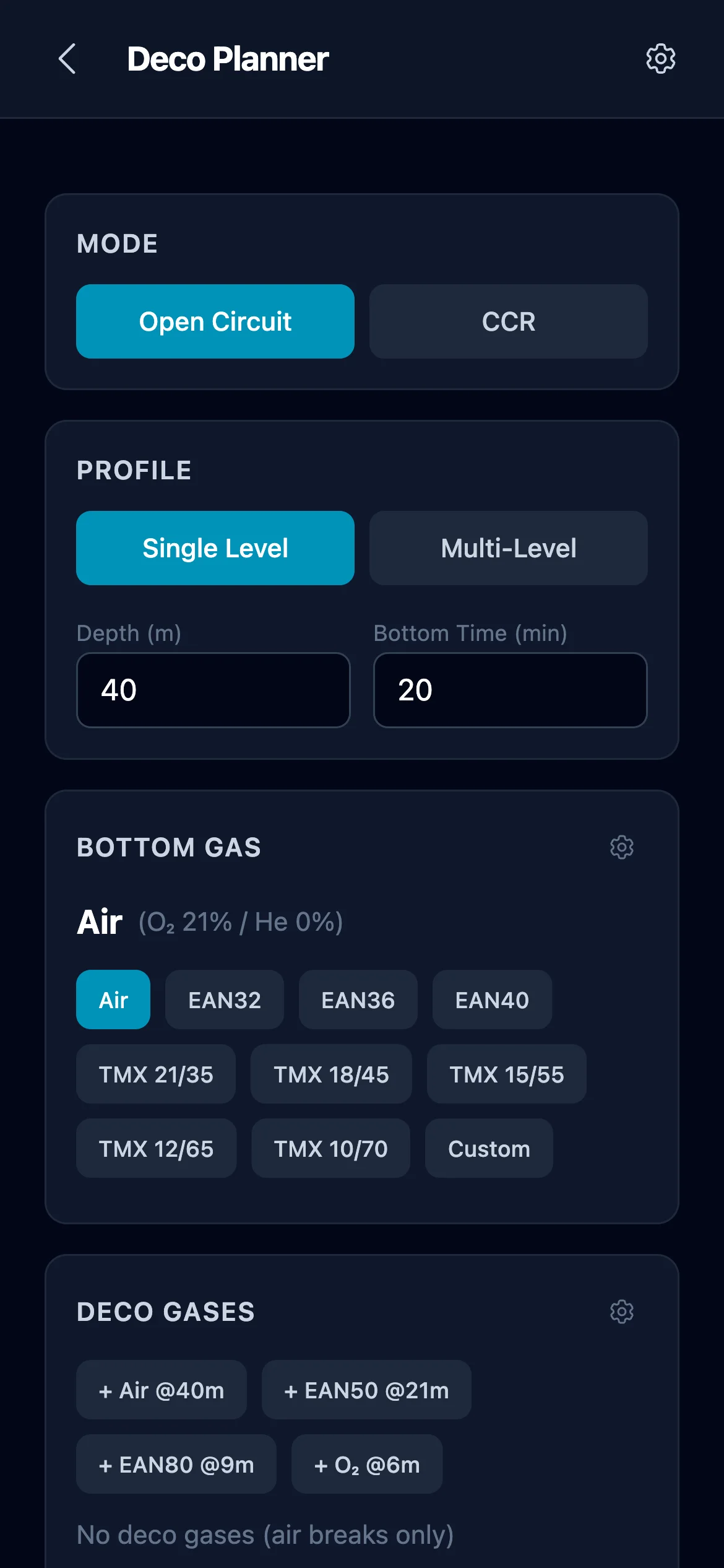Deco Planner in OC mode showing Mode toggle, Profile, Bottom Gas panels