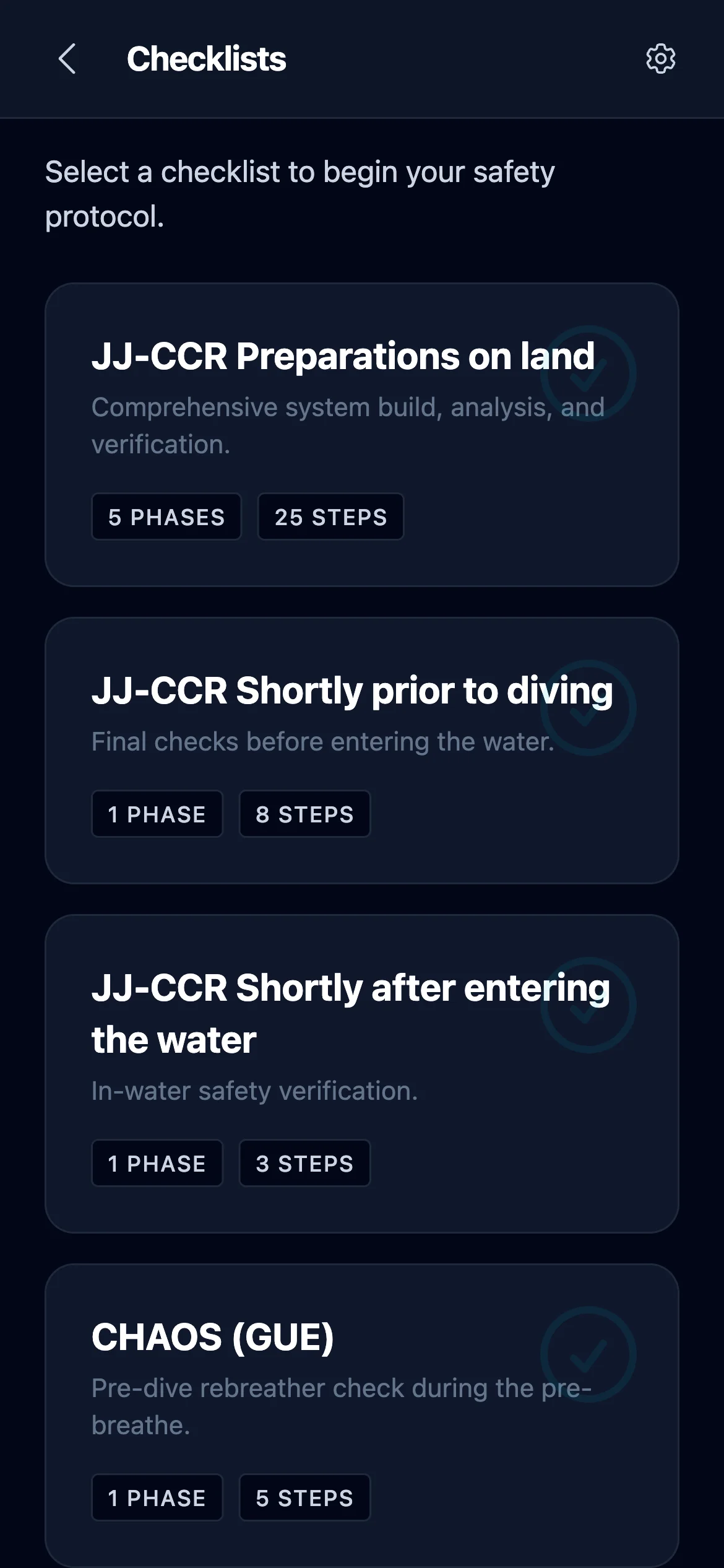Checklist selector showing four default checklists: three JJ-CCR and CHAOS (GUE)