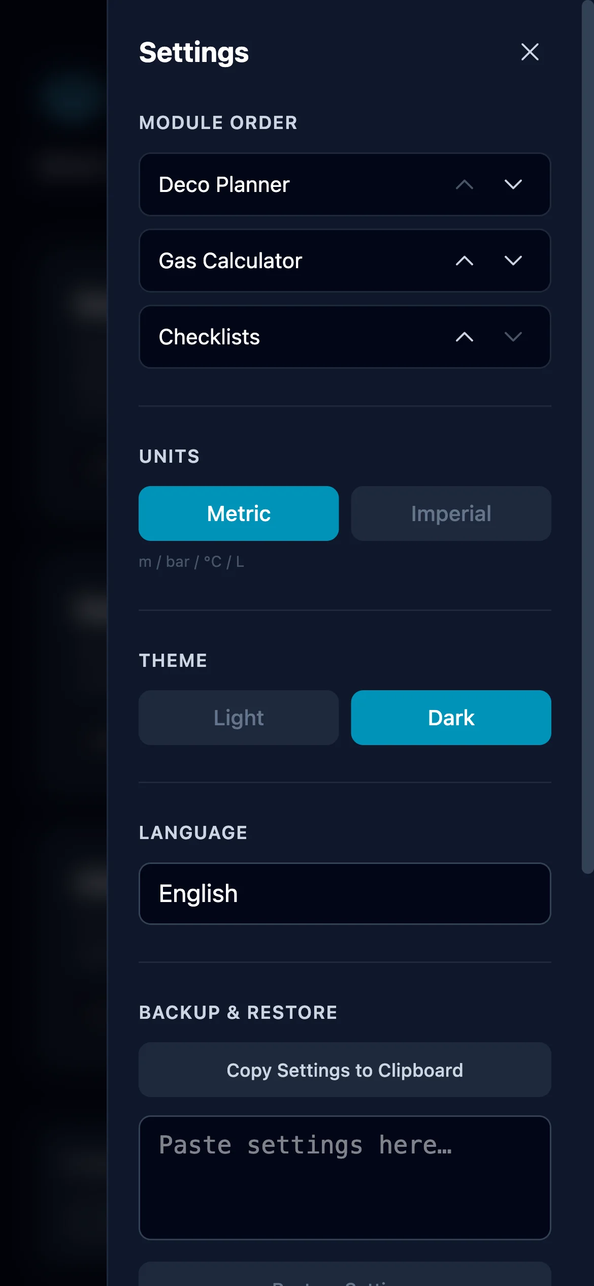 Settings drawer opened from the home screen, showing Module Order, Units, Theme, Language, and the start of Backup & Restore