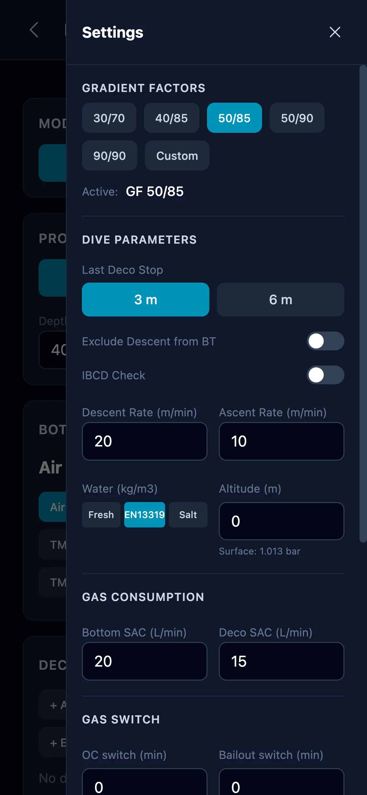 Advanced drawer showing Gradient Factors presets and Dive Parameters inputs
