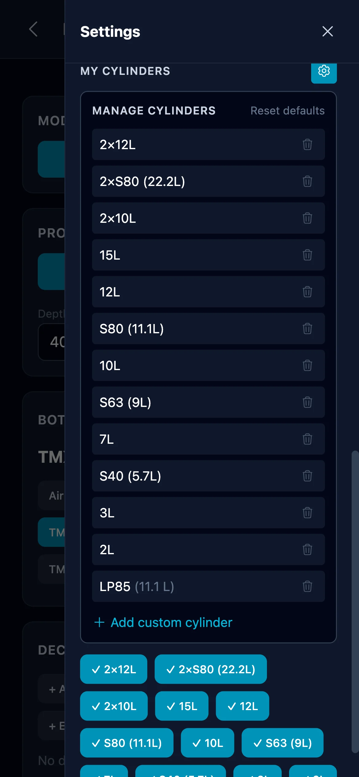My Cylinders manage panel listing every preset with a hide button, the chip row below showing all enabled