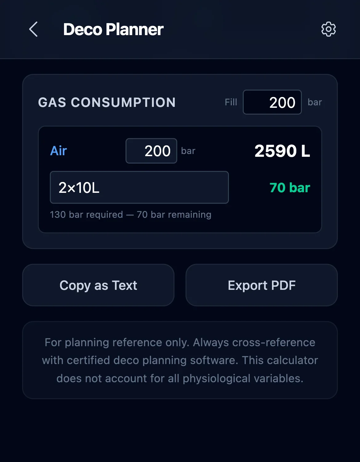 Gas Consumption panel with global fill pressure input at top and per-gas row below