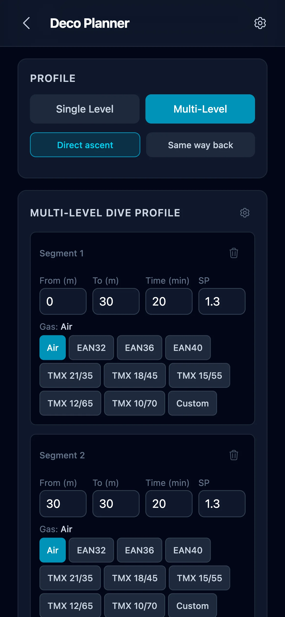 Multi-Level profile editor with Direct ascent / Same way back toggle and two segments (0-30m and 30-30m) with From/To/Time/SP inputs and gas chips