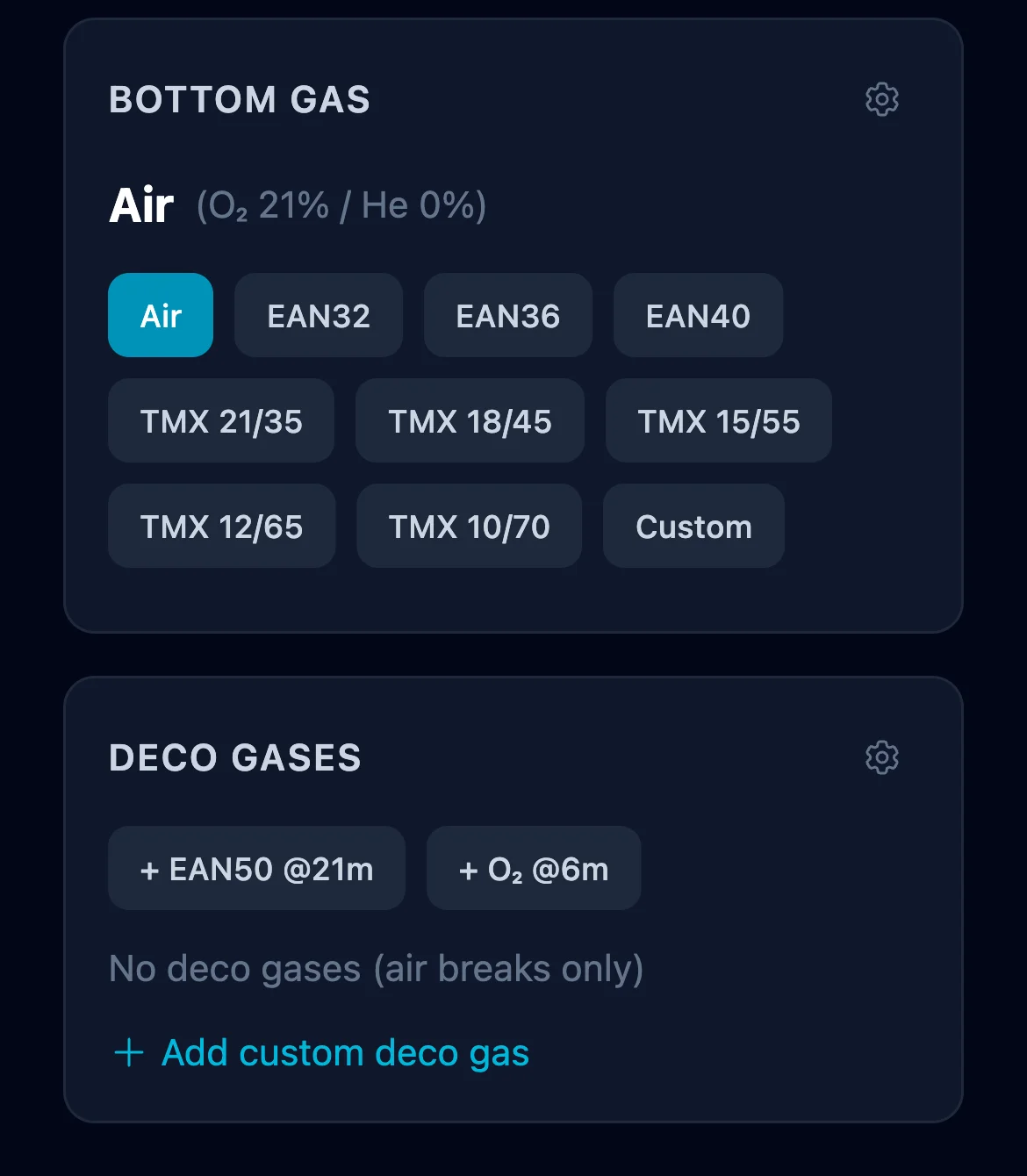 Deco Planner OC mode — Bottom Gas panel with Air/EAN/TMX preset chips, and Deco Gases panel with EAN50 and O₂ add chips