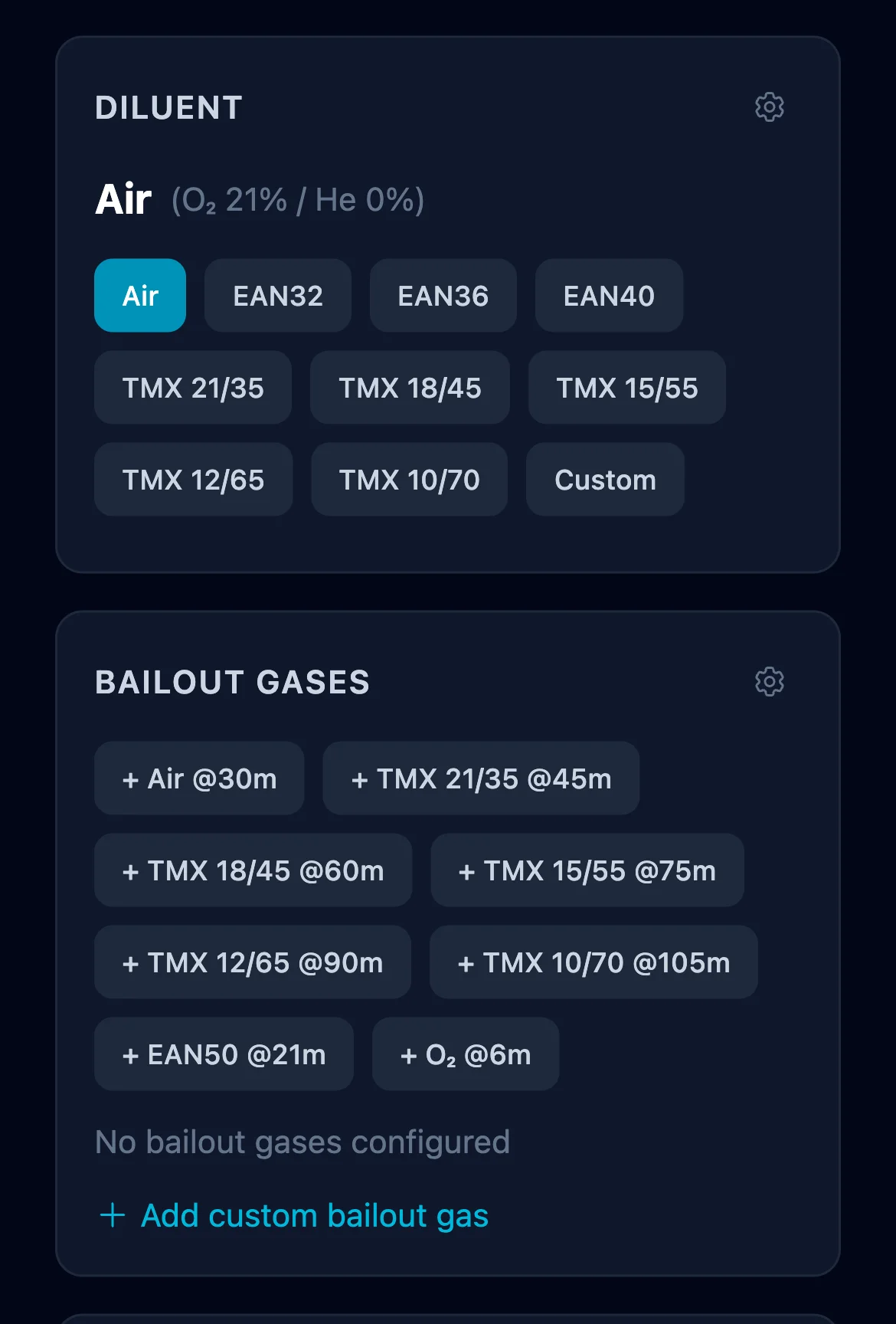 Deco Planner CCR mode — Diluent panel with preset chips, and Bailout Gases panel with trimix + EAN50 + O₂ add chips at typical MOD switch depths