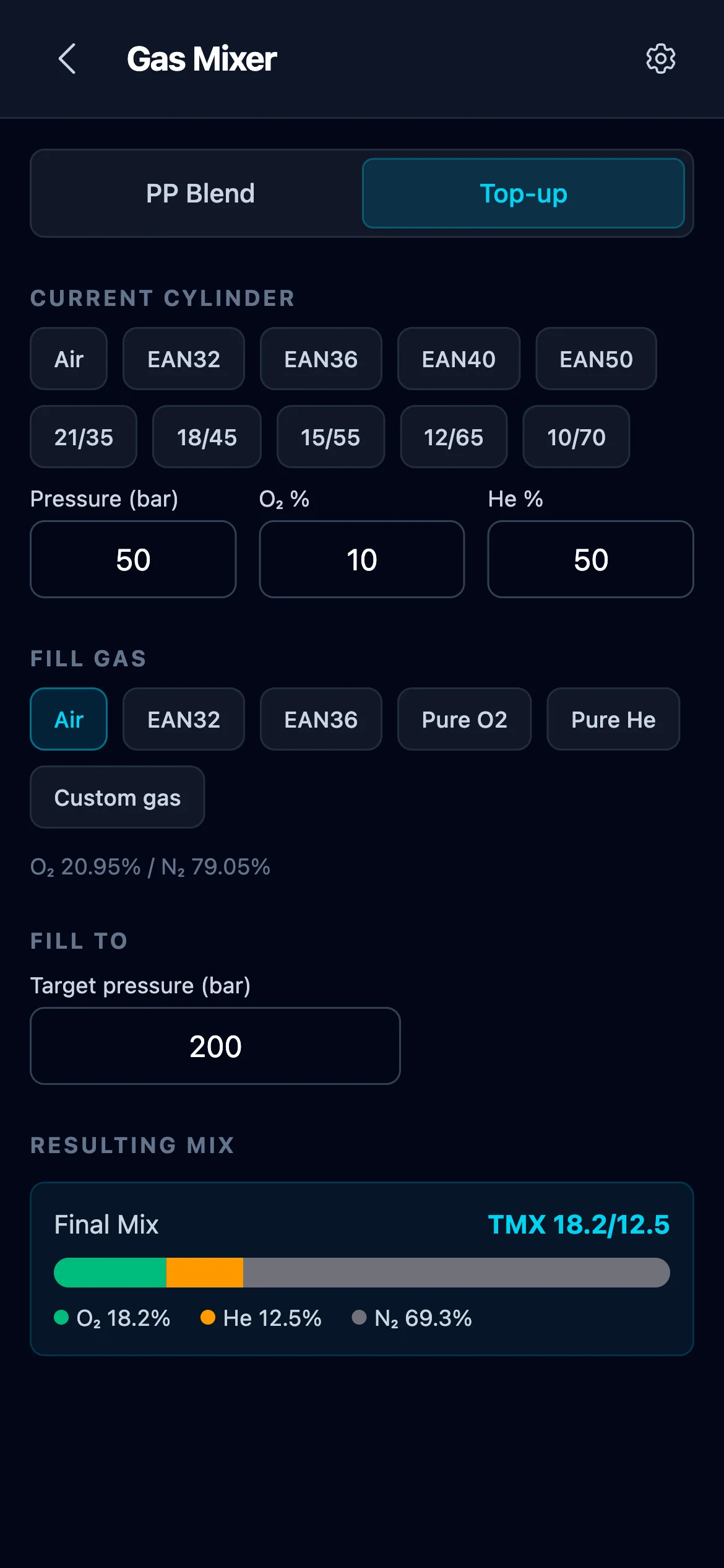 Gas Mixer Top-up tab: Current Cylinder 50 bar TMX 10/50, Fill gas Air, target 200 bar, resulting mix TMX 18.2/12.5