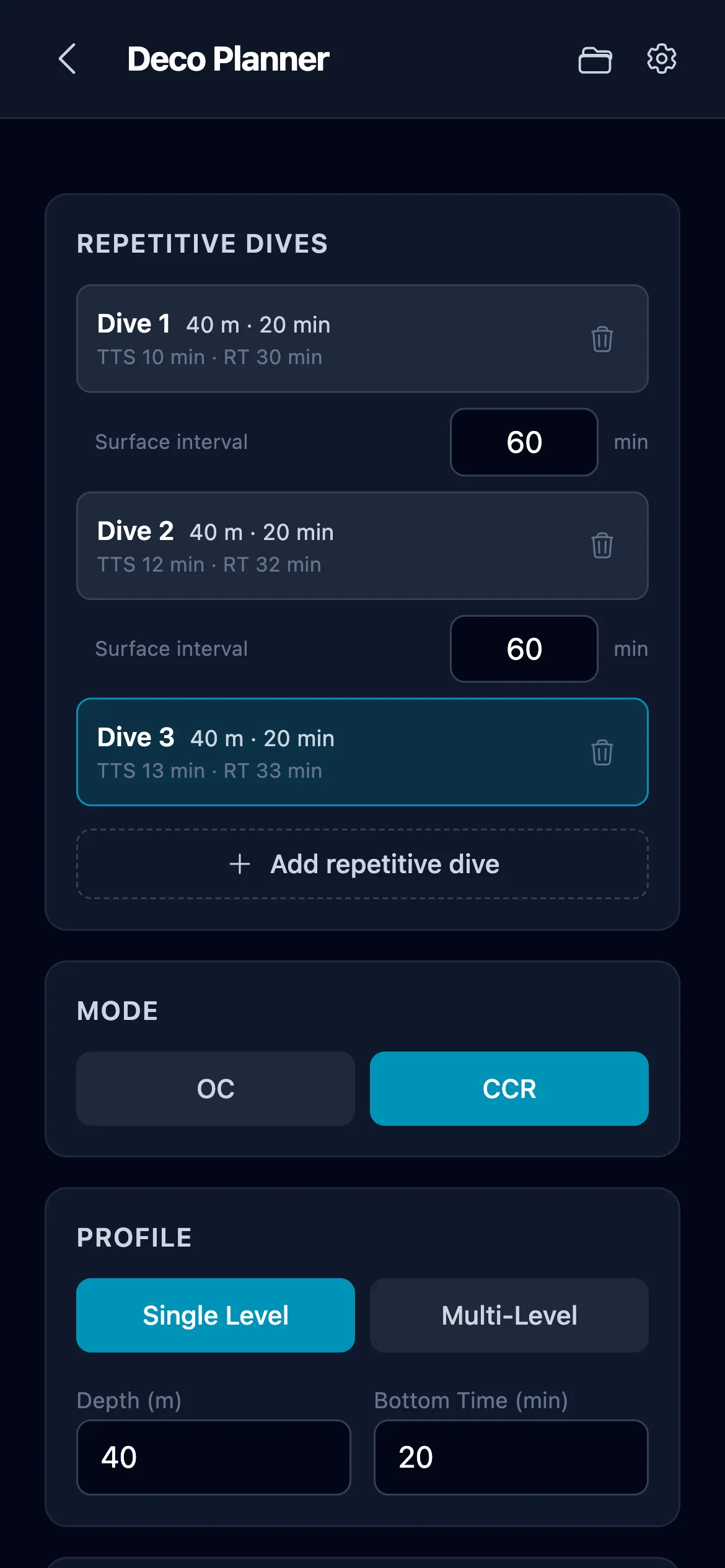 Repetitive dives panel with three chained 40 m / 20 min dives separated by 60-minute surface intervals; TTS rises from 10 to 12 to 13 minutes across the chain and the third dive is highlighted as active