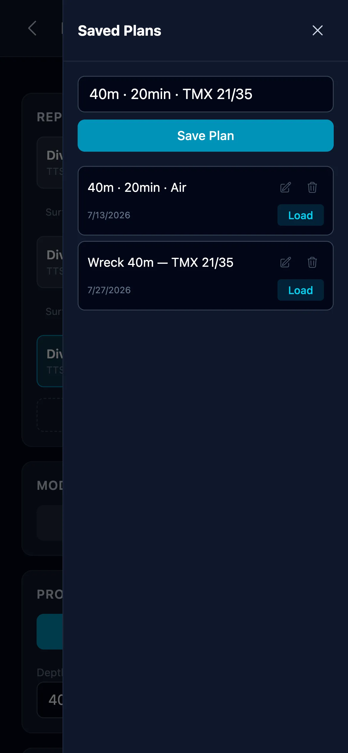Saved Plans drawer with a name field prefilled "40m · 20min · TMX 21/35", a Save Plan button, and two stored plans each with rename, delete and Load controls